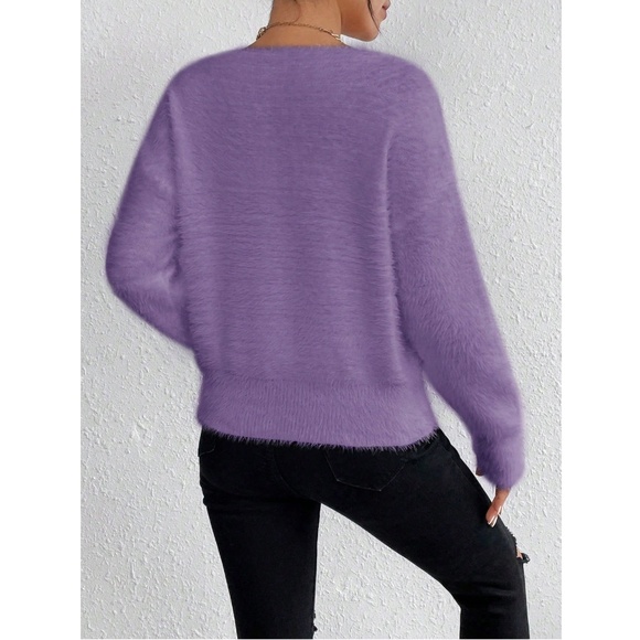 Purple Fuzzy V-Neck Pullover Knit Sweater Long Sleeve - Picture 2 of 7